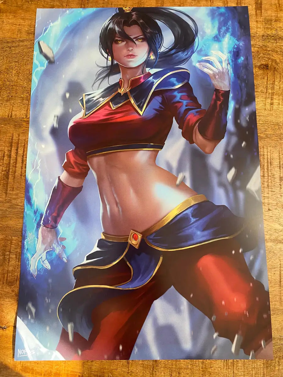  anime-style print of Azula – blue fire swirling from hands with royal poise and intense focus.