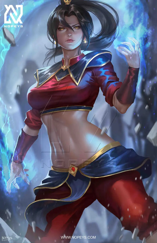  anime-style print of Azula – blue fire swirling from hands with royal poise and intense focus.