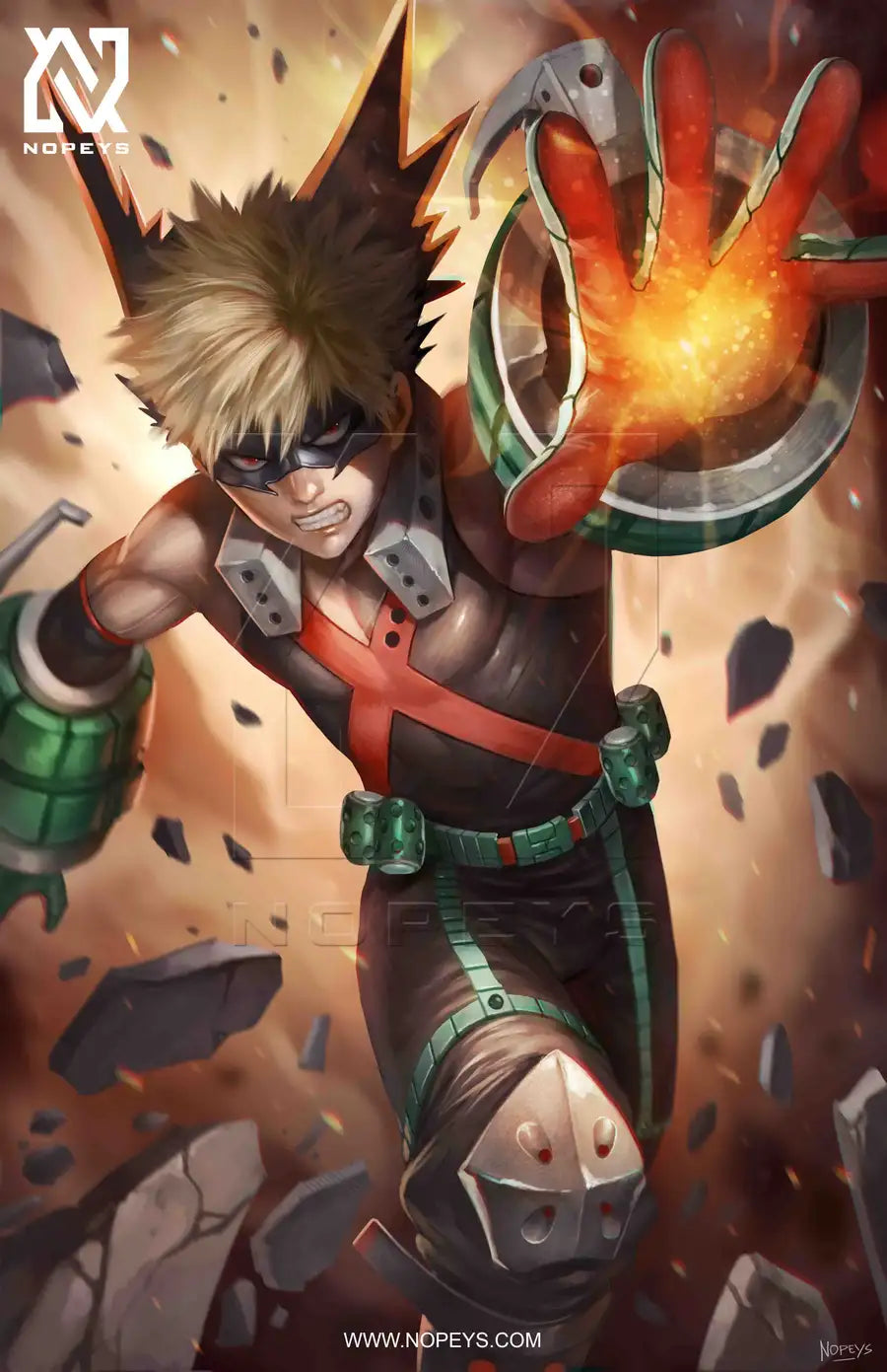 anime-style print of Bakugo mid-explosion, gauntlet lit with blast energy and fierce expression.