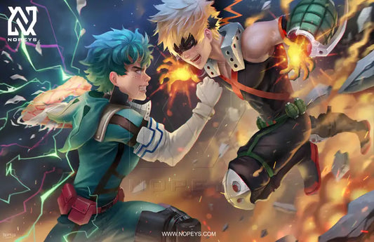 anime-style print of Deku charging and Bakugo blasting in an intense My Hero Academia battle scene.