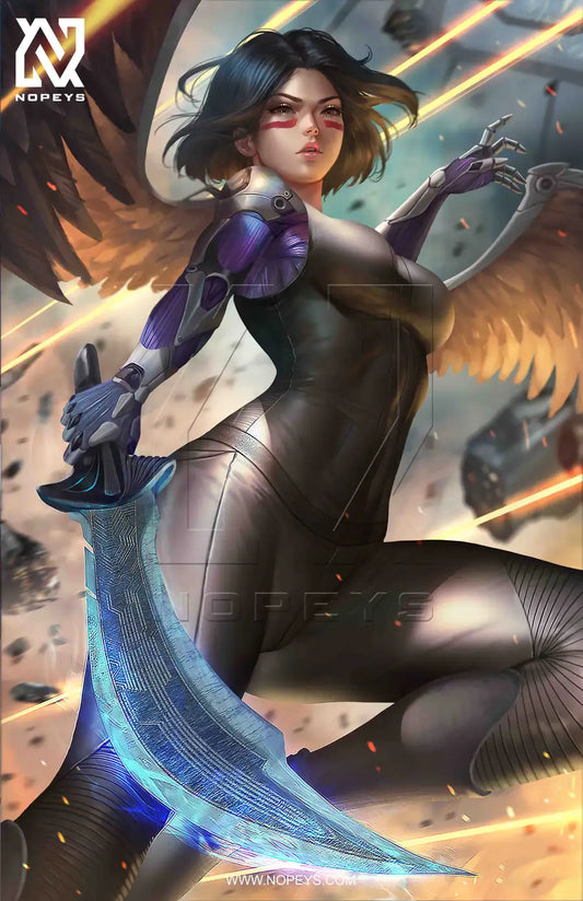 anime-style print of Battle Angel Alita – cyberpunk heroine mid-battle in fierce, focused pose.
