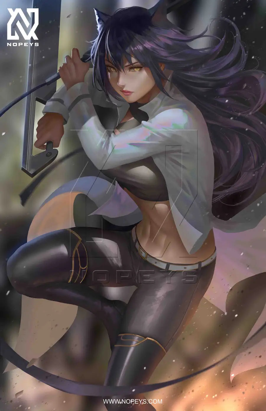 anime-style print of Blake Belladonna – ribbon flowing, weapon drawn, and cat ears in focus.