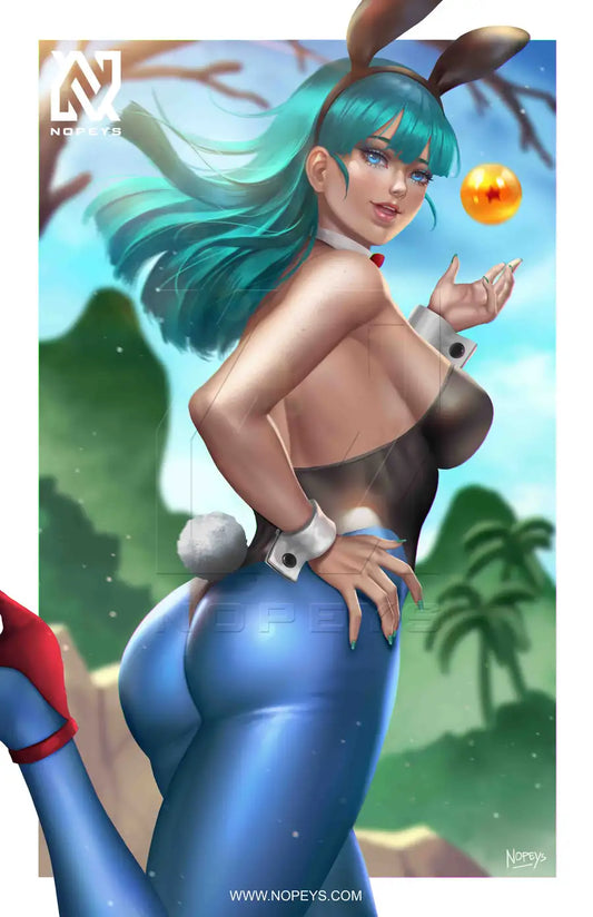 anime-style print of Bulma in bunny suit – confident pose with playful attitude and vintage charm.
