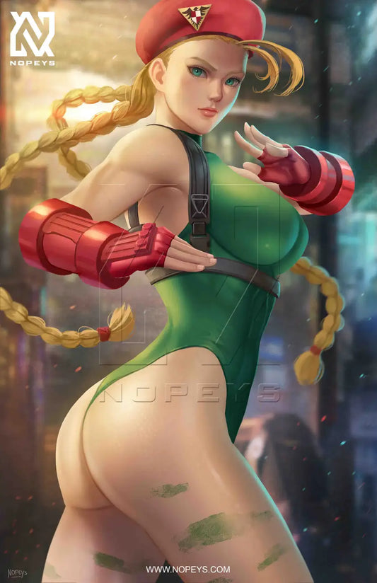  anime-style print of Cammy – mid-kick pose with braids flying and fierce focus from Street Fighter.
