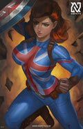 anime-style print of Captain Carter – Union Jack shield raised and battle-ready in heroic stance.