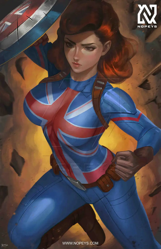 anime-style print of Captain Carter – Union Jack shield raised and battle-ready in heroic stance.