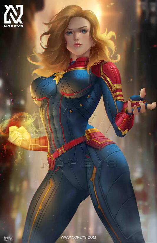 anime-style print of Captain Marvel – long hair flowing, fists glowing with cosmic energy.