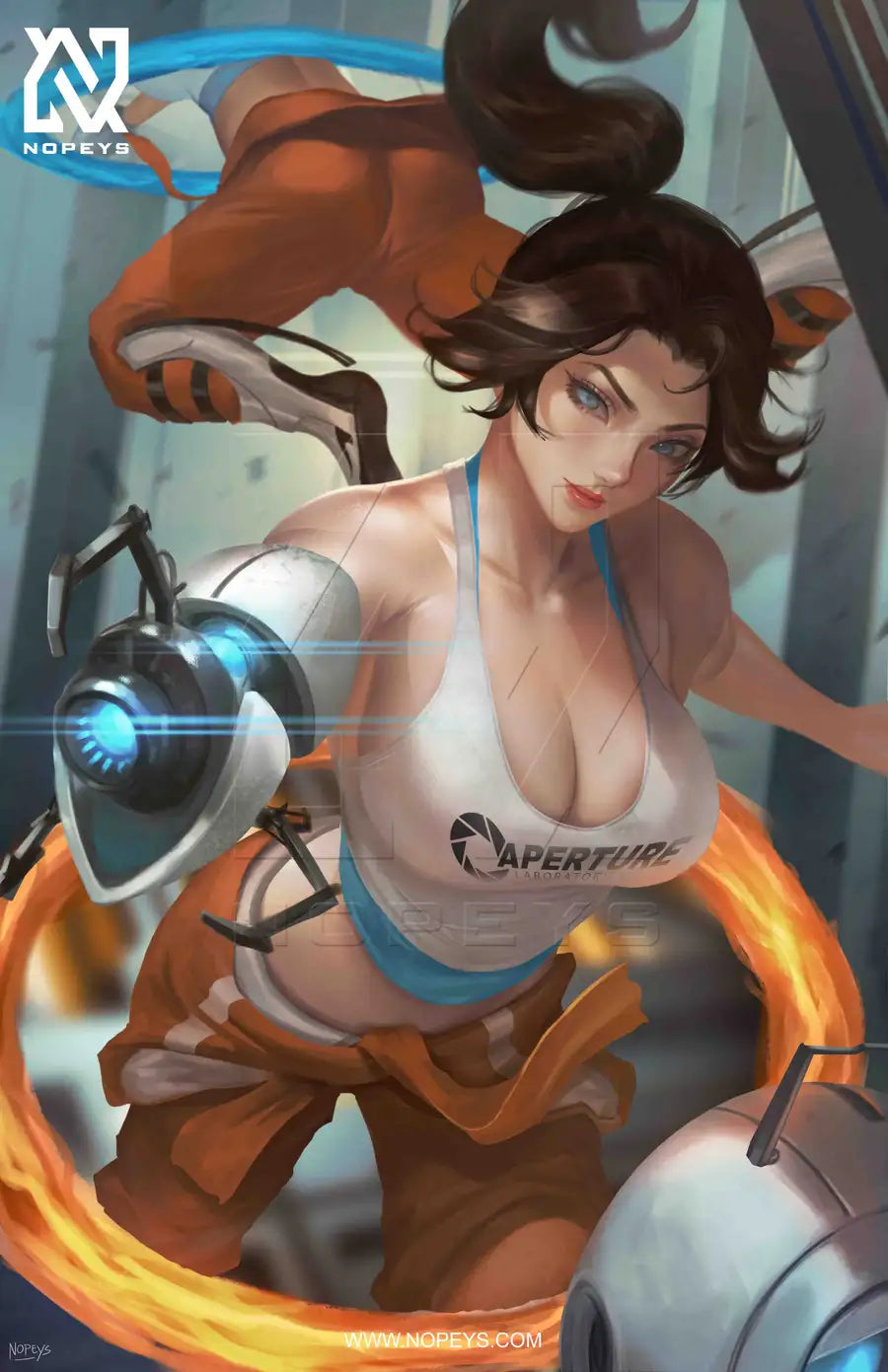  anime-style print of Chell – mid-run with Portal Gun ready, glowing portals in background.