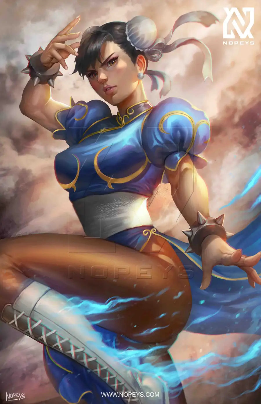 anime-style print of Chun-Li mid-kick with lightning energy and iconic qipao in motion.
