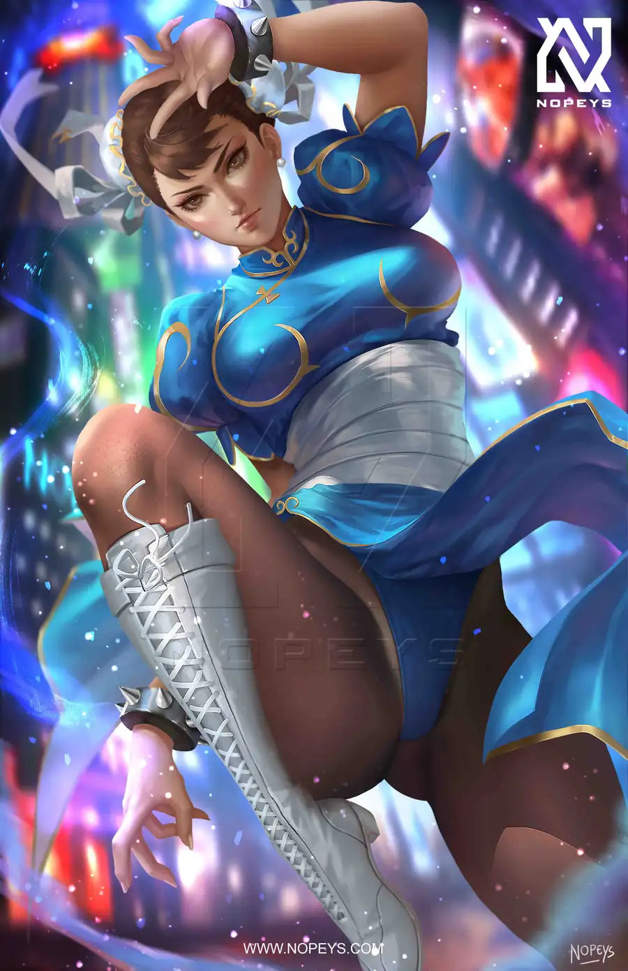 anime-style print of Chun-Li – mid-kick in her classic blue outfit with focused gaze and extended leg.