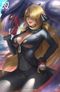  anime-style print of Cynthia – Pokémon champion in confident pose with black coat and icy stare.