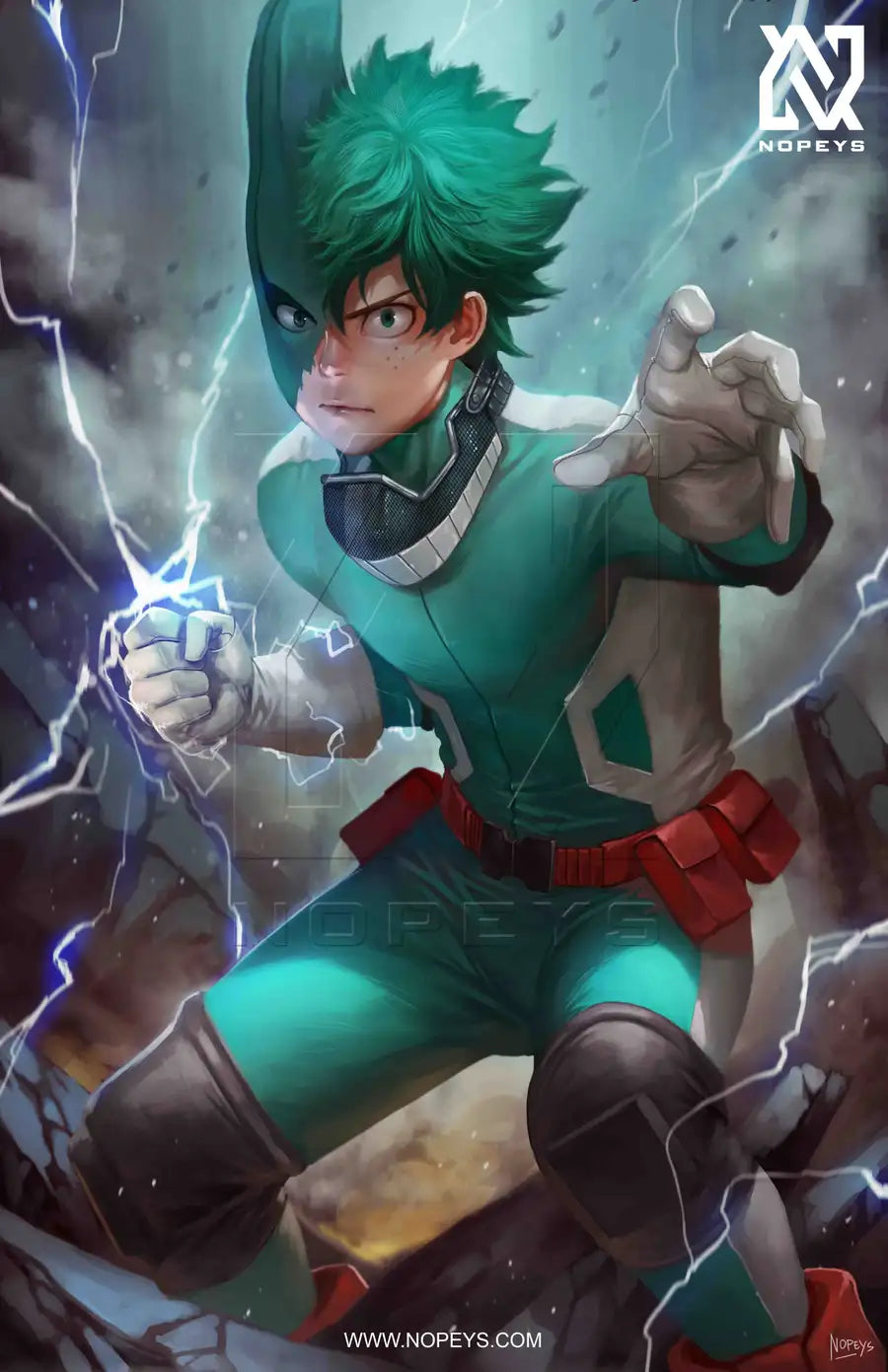 anime-style print of Deku – One For All power glowing, mid-attack with green lightning.
