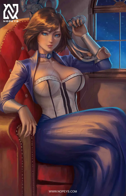 anime-style print of Elizabeth – standing before glowing tears in reality, blue dress flowing.