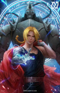  life like-style print of Edward and Alphonse Elric – mid-battle stance with transmutation glow.