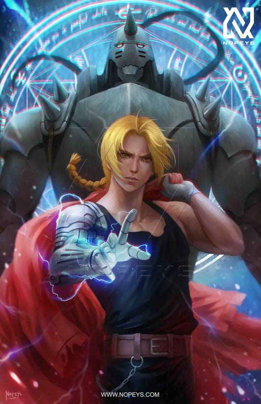  life like-style print of Edward and Alphonse Elric – mid-battle stance with transmutation glow.