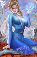 anime-style print of Elsa – Snow Queen mid-cast with snow swirling and regal energy.