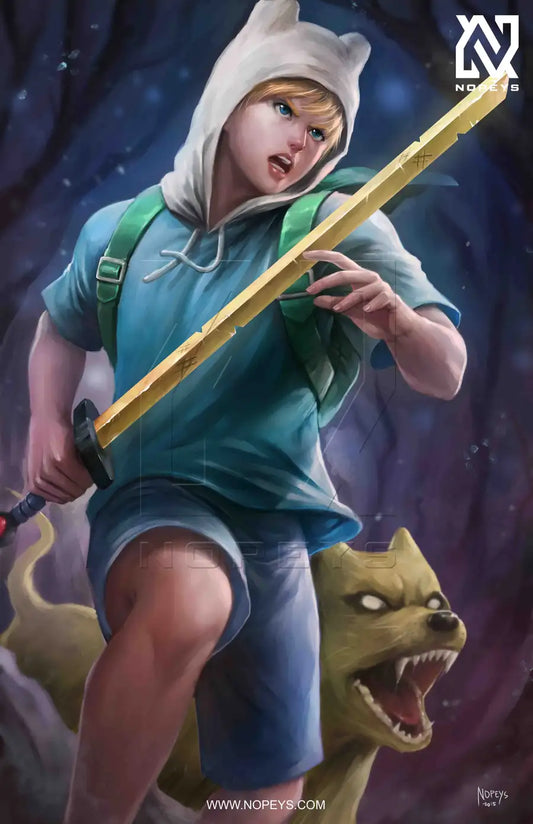 Life-style print of Finn with sword and Jake shape-shifting in action from Adventure Time.