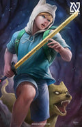 Life-style print of Finn with sword and Jake shape-shifting in action from Adventure Time.