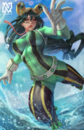 anime-style print of Froppy – mid-jump with tongue extended and goggles on in green hero costume.