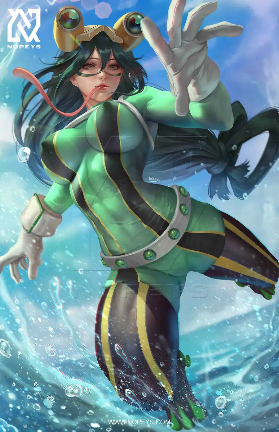 anime-style print of Froppy – mid-jump with tongue extended and goggles on in green hero costume.