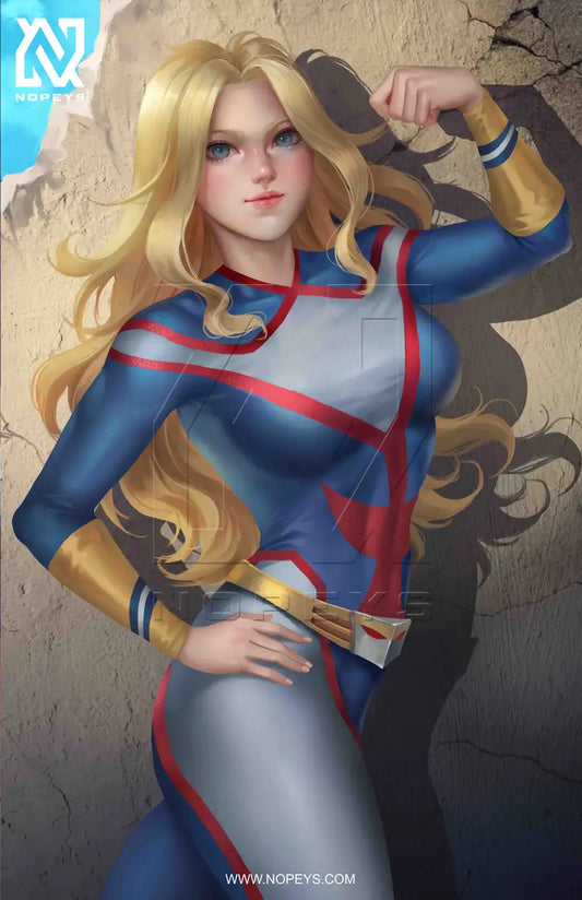 anime-style print of Genderbend All Might – heroic pose with flowing cape and powerful stance.