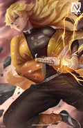 anime-style print of female Zenitsu – sword drawn in mid-strike, surrounded by lightning energy.