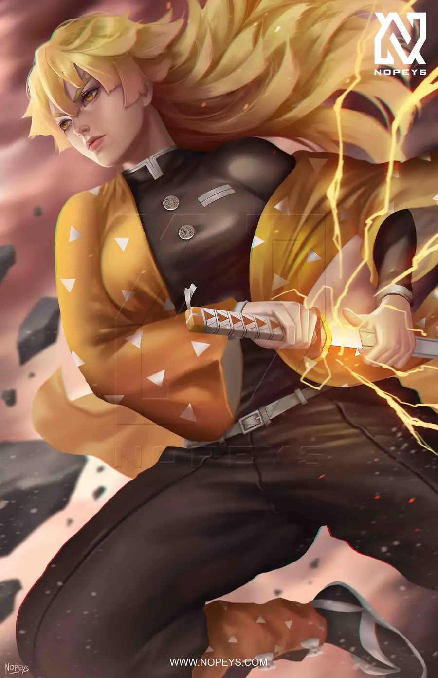 anime-style print of female Zenitsu – sword drawn in mid-strike, surrounded by lightning energy.