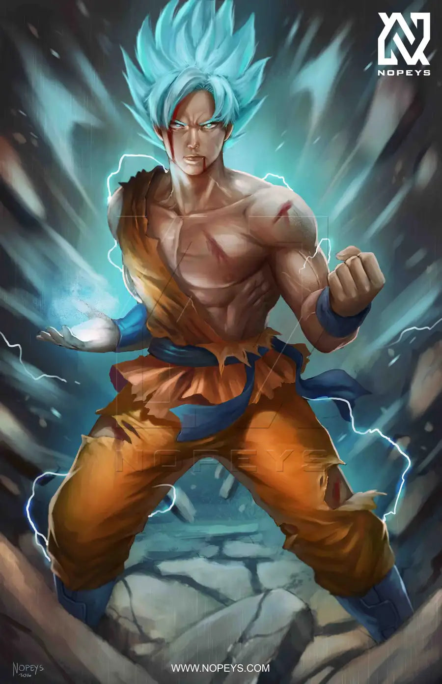 anime-style print of Goku in Super Saiyan Blue form – mid-charge with glowing blue aura.