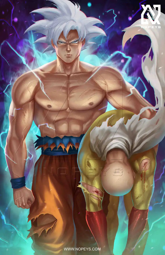  anime-style print of Goku vs Saitama – mid-battle clash of power, aura, and unstoppable force.