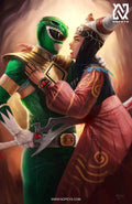  anime-style print of Green Ranger mid-strike stabbing Rita Repulsa in dramatic fan art scene.