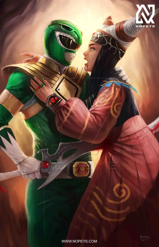 anime-style print of Green Ranger mid-strike stabbing Rita Repulsa in dramatic fan art scene.