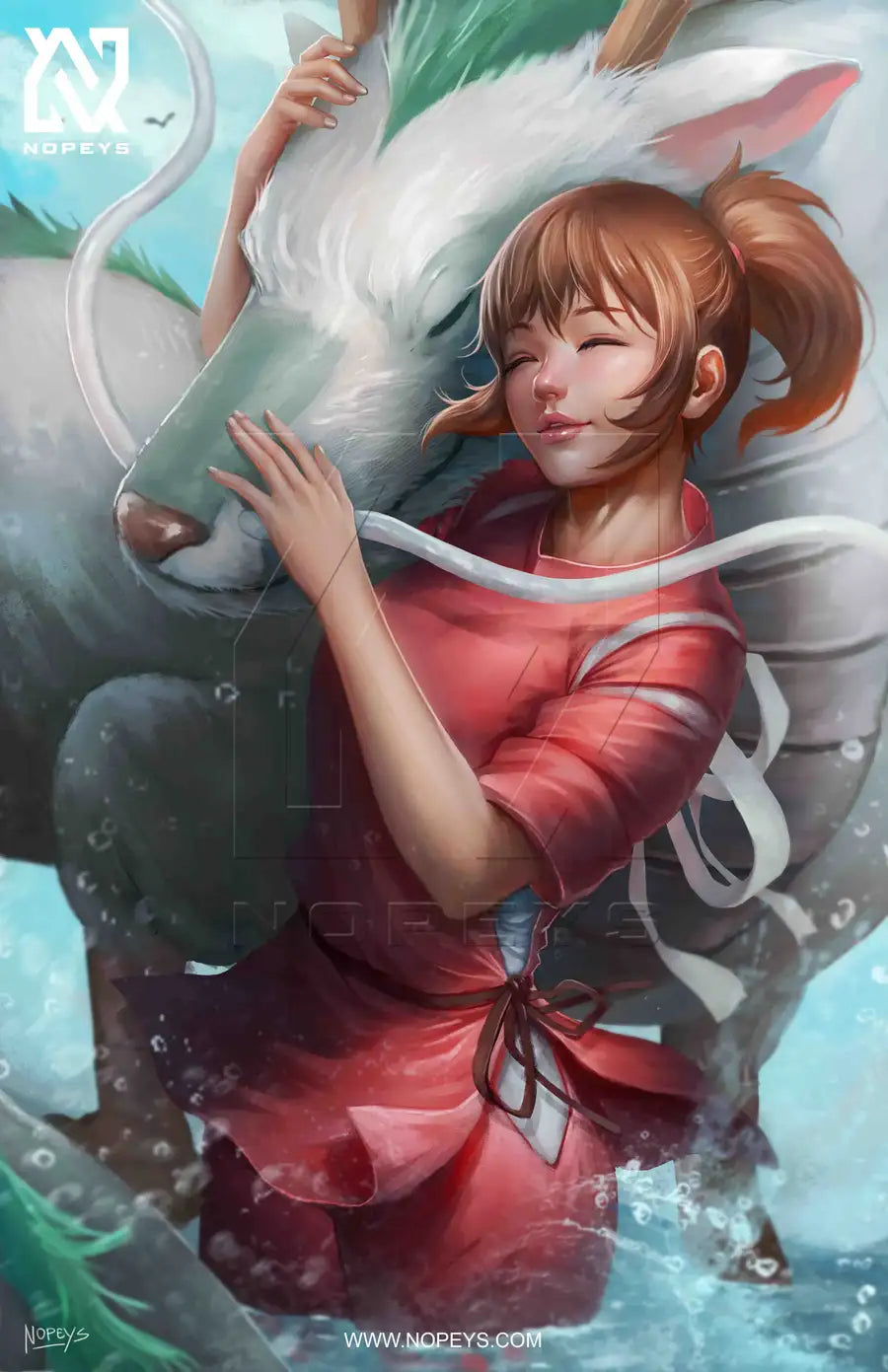 anime-style print of Haku in dragon form and Chihiro embracing him in an emotional fantasy moment.