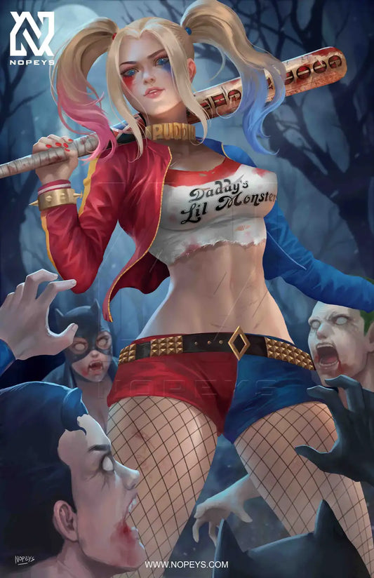 anime-style print of Harley Quinn battling zombies – mid-swing, chaotic energy, and graphic horror flair.