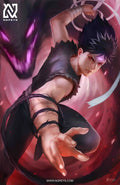 anime-style print of Hiei – katana raised, black flame energy forming, with sharp glare.
