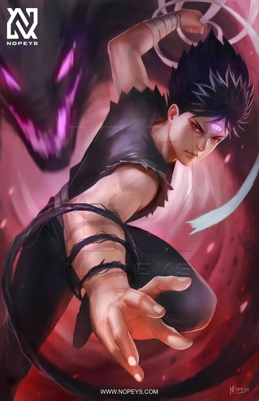 anime-style print of Hiei – katana raised, black flame energy forming, with sharp glare.