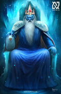 anime-style print of Ice King seated on icy throne, parodying Game of Thrones with chilling energy.