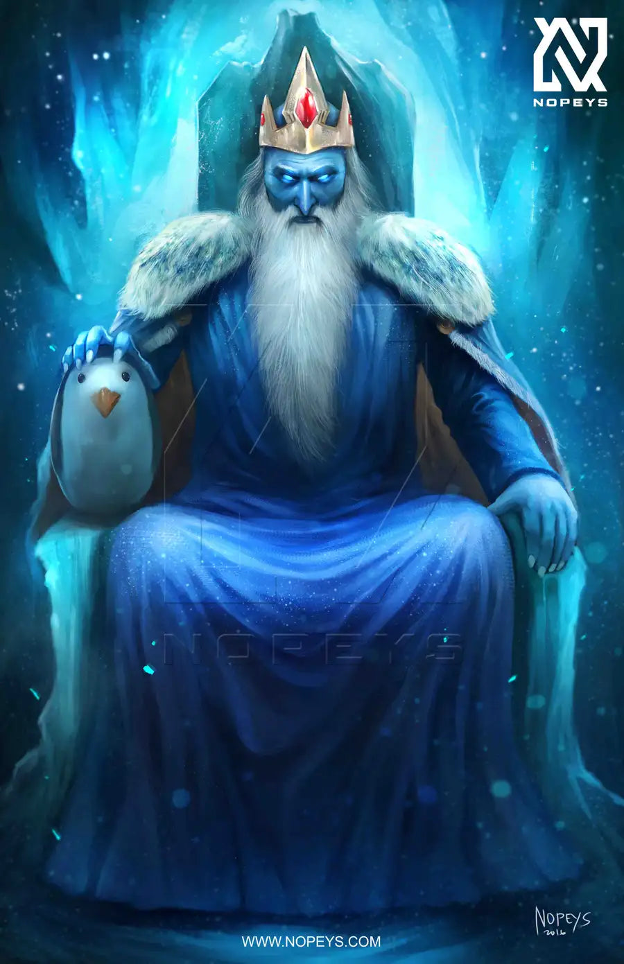 anime-style print of Ice King seated on icy throne, parodying Game of Thrones with chilling energy.