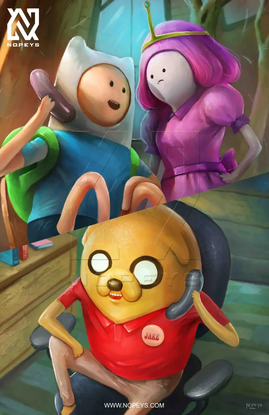 anime-style parody print of Jake the Dog answering Finn’s call — spoofing the State Farm commercial.