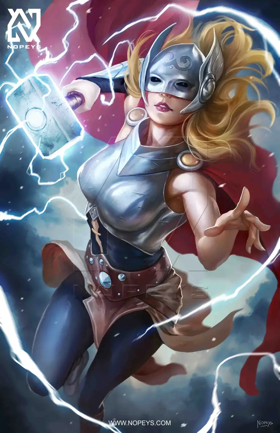 Anime-style print of Jane Foster as Mighty Thor – Mjolnir raised, cape flowing, storm energy crackling.