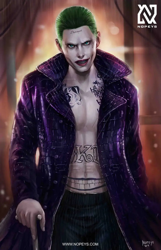 anime-style print of Jared Leto’s Joker – mid-laugh with glowing tattoos and green hair.
