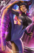 anime-style print of Juri Han – high kick and evil smile with glowing eye and taekwondo motion.