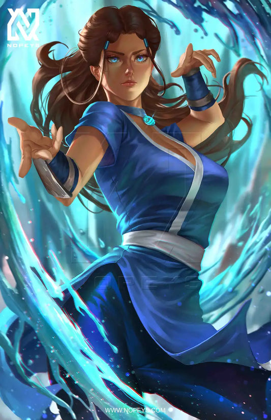 anime-style print of Katara – water swirling as she bends in calm strength and elegant control.