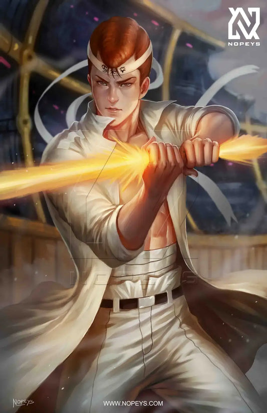 anime-style print of Kuwabara – Spirit Sword in hand, mid-battle charge with glowing energy.