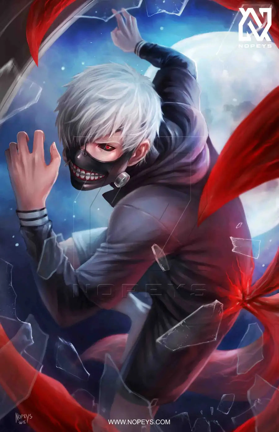  anime-style print of Ken Kaneki – white hair and kagune mid-transformation with ghoul mask.
