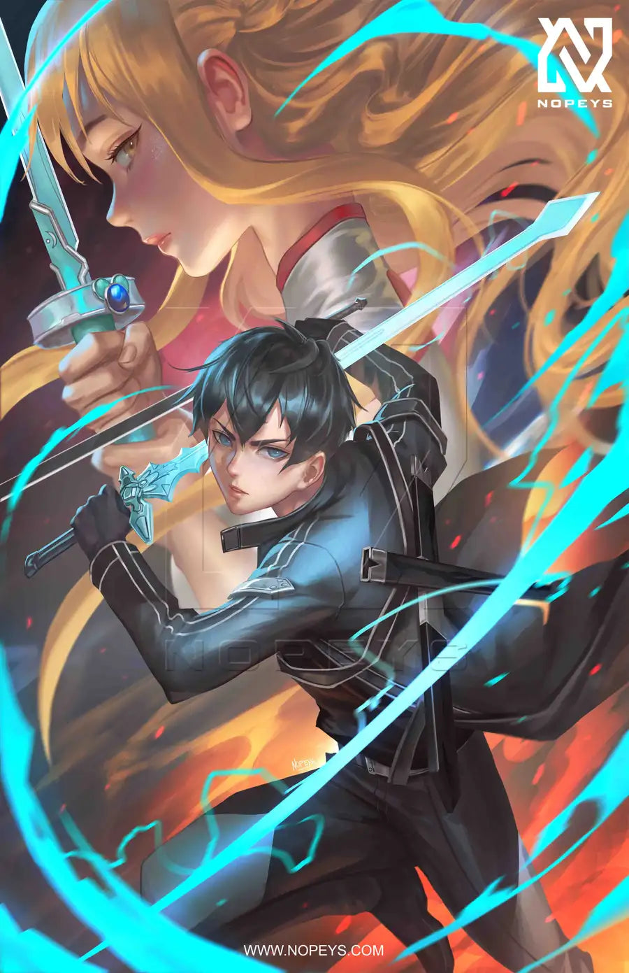 anime-style print of Kirito and Asuna standing side-by-side with blades drawn in a battle-ready pose.