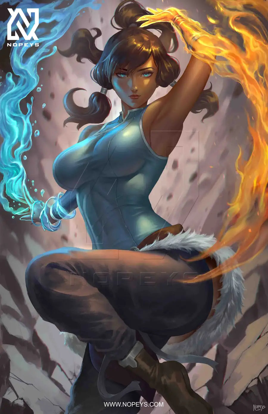 anime-style print of Korra – elemental energy surrounds her in bold motion from The Legend of Korra.