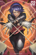 anime-style print of Kyoka Jiro mid-action, using Earphone Jack quirk to release soundwaves.
