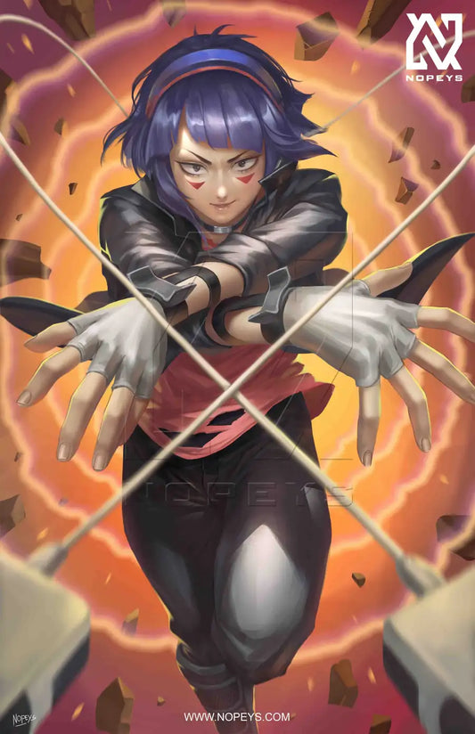 anime-style print of Kyoka Jiro mid-action, using Earphone Jack quirk to release soundwaves.