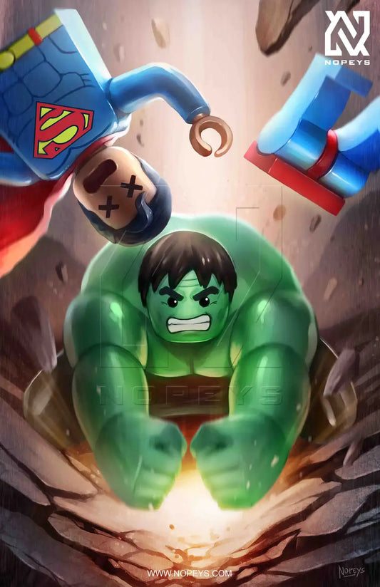 anime-style print of LEGO Hulk and Superman mid-battle in high-action comic-inspired pose.