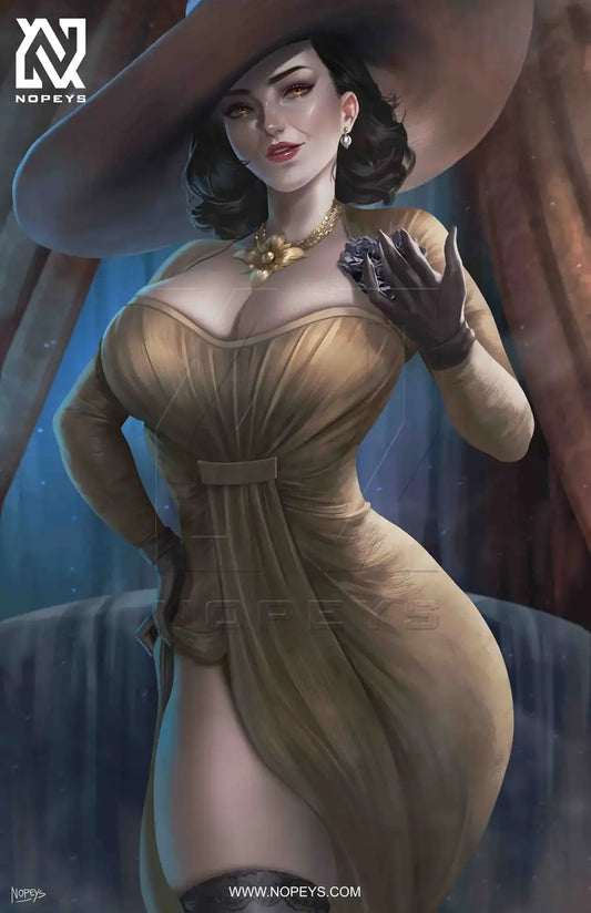 anime-style print of Lady Dimitrescu – gothic elegance, wide-brim hat, and a sinister gaze.